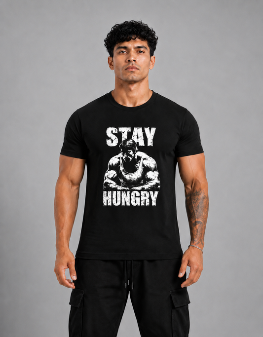 Stay Hungry Graphic Gym T-Shirt | Unisex 180 GSM Premium Cotton | Workout, Fitness & Streetwear | HouseofEvery