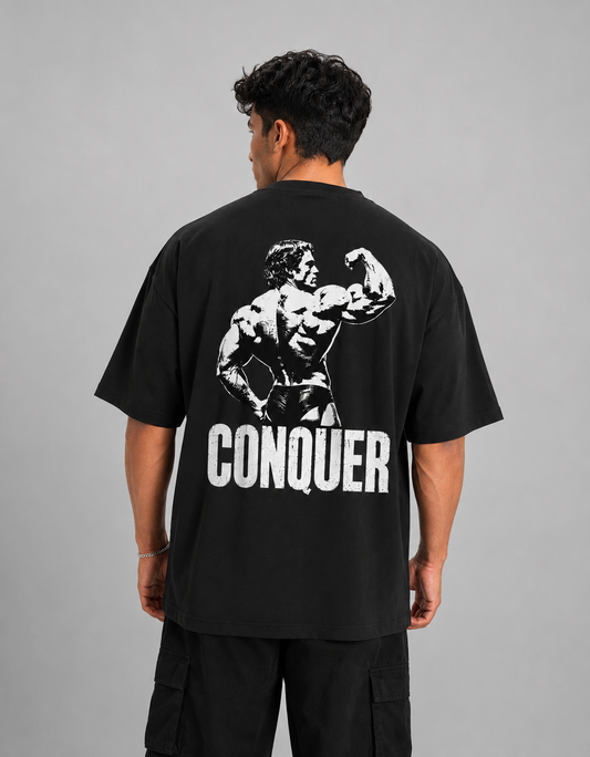 CONQUER Heavyweight Oversized Graphic T-Shirt | 260 GSM Premium Cotton Blend | Unisex Gym & Streetwear | HouseofEvery